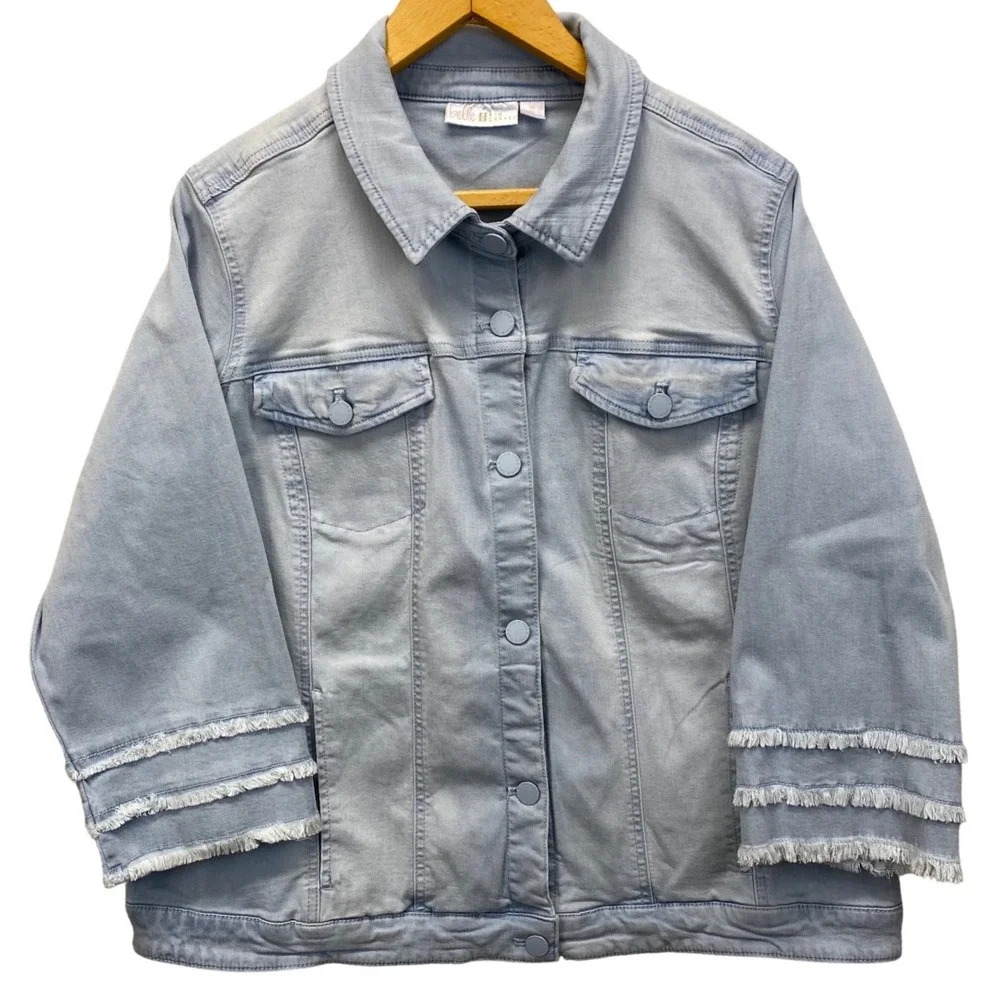 Belle‎ by Kim Gravel Light Wash Denim Jacket Triple Fringe Sleeve Plus Size 1X